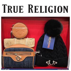 True Religion Horseshoe Logo Denim Crossbody, Wallet, & Rhinestone Beanie Set